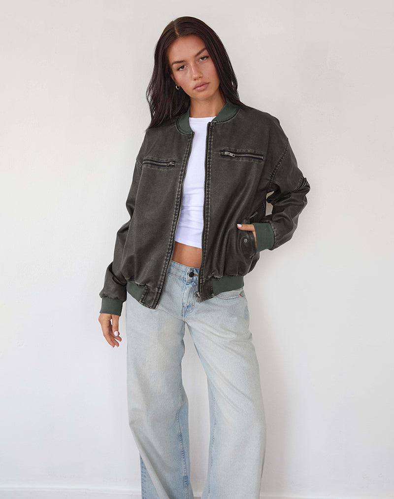 Marco Distressed Bomber Jacket in PU Houtskool