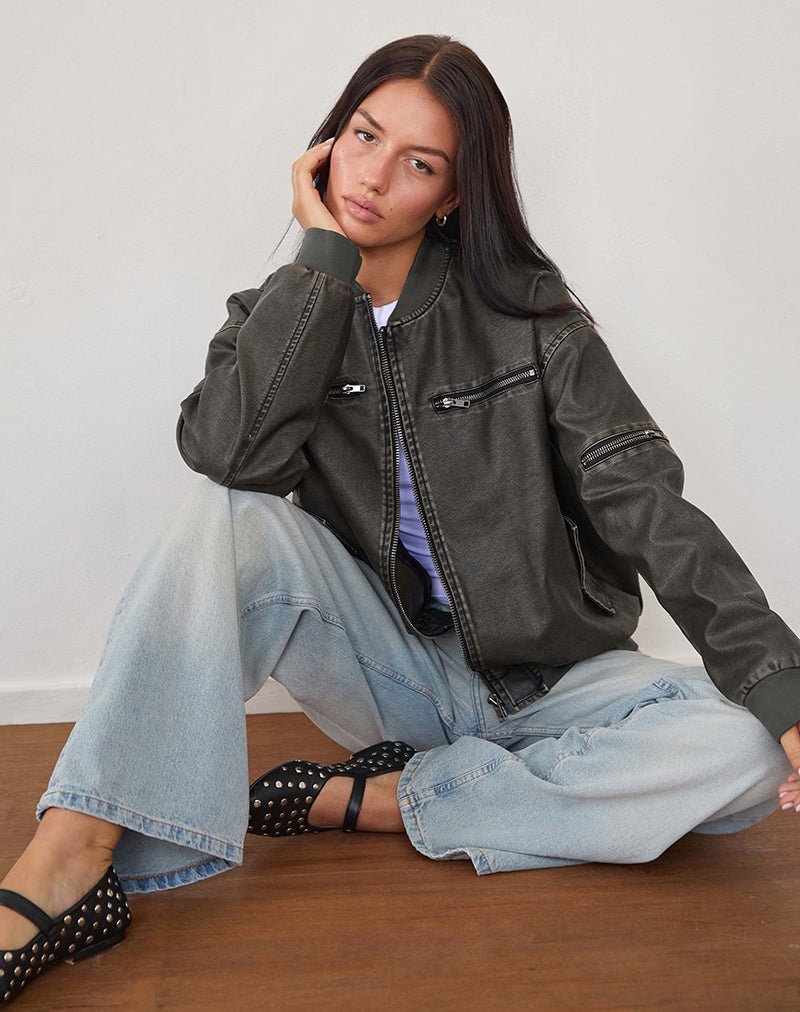 Marco Distressed Bomber Jacket in PU Houtskool