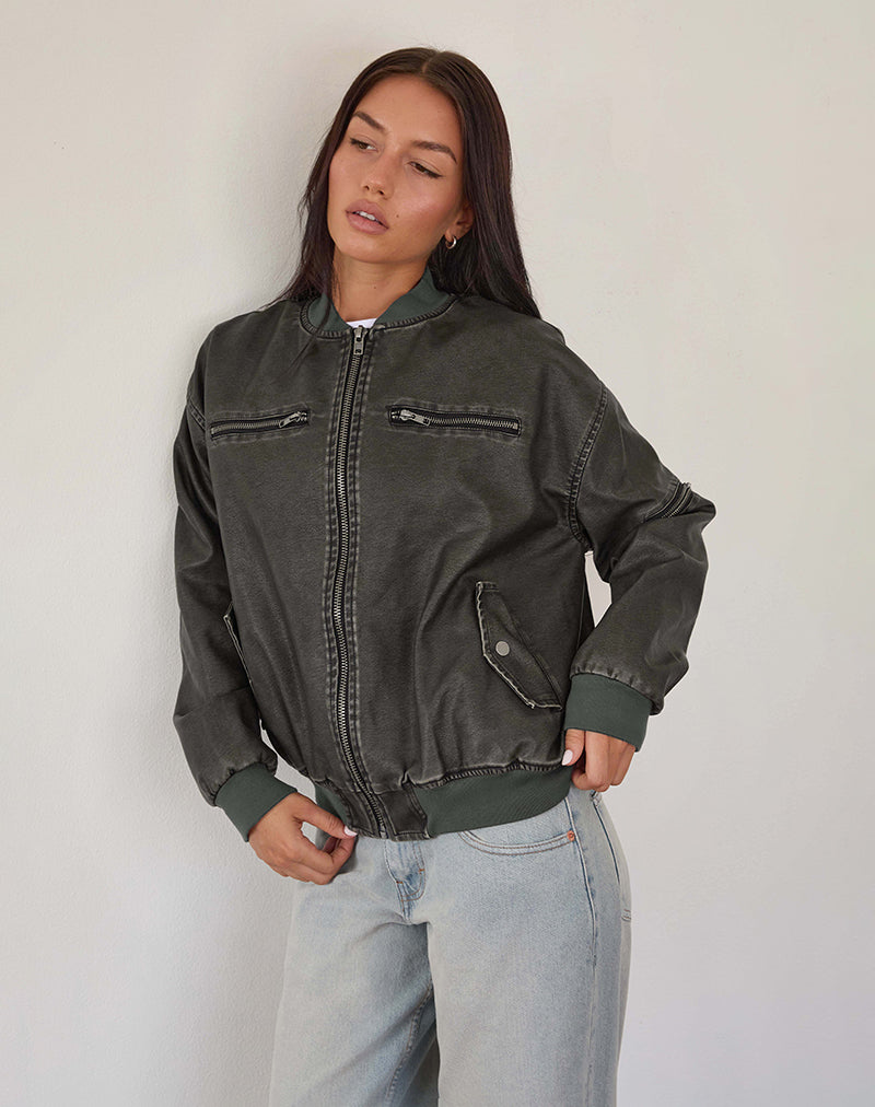 Afbeelding van Marco Distressed Bomber Jacket in PU Houtskool
