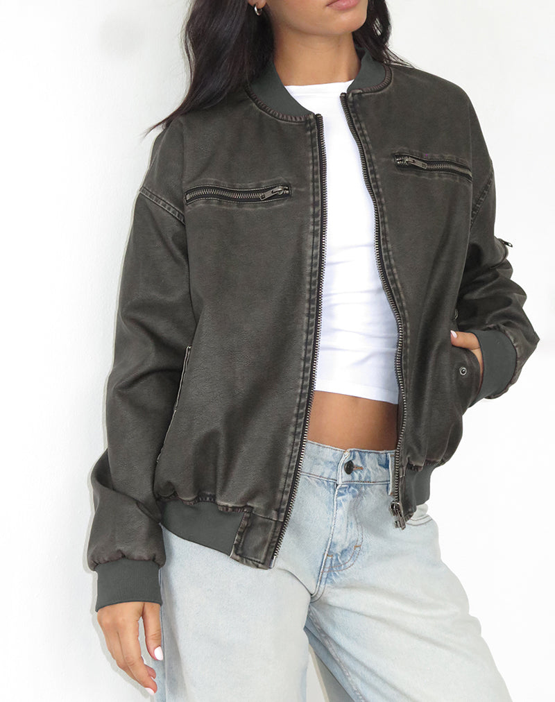 Afbeelding van Marco Distressed Bomber Jacket in PU Houtskool