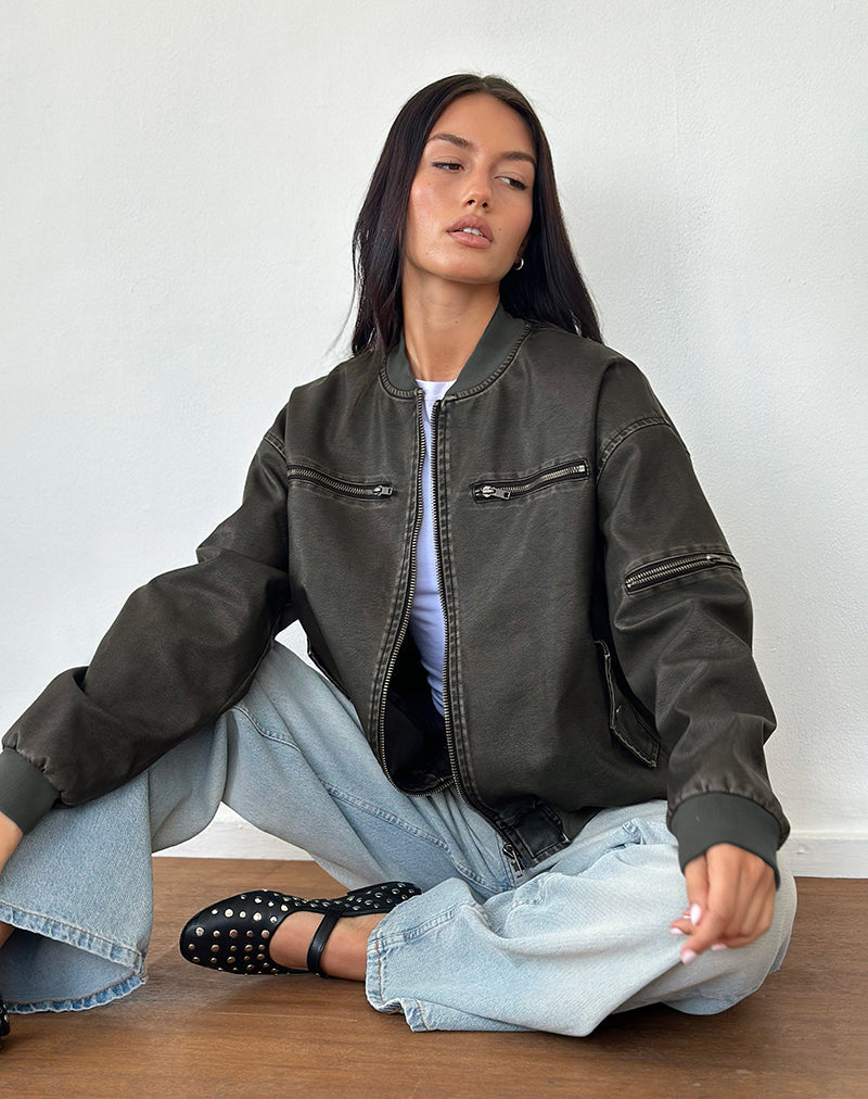 Afbeelding van Marco Distressed Bomber Jacket in PU Houtskool
