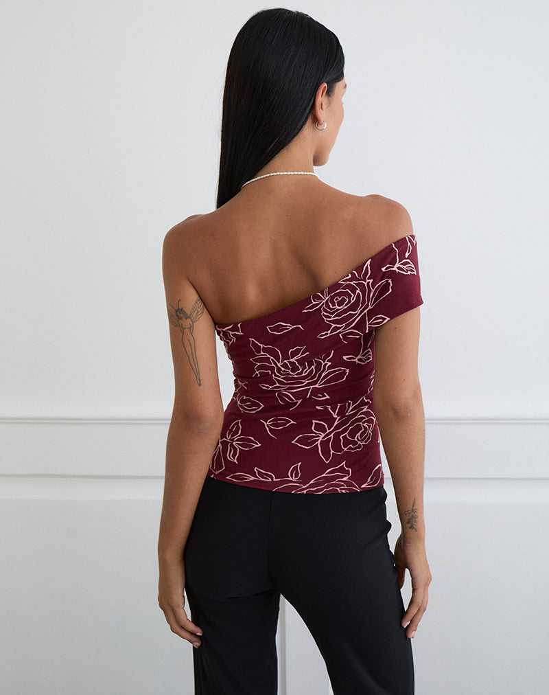 Afbeelding van Marga One Shoulder Top in Outline Rose Maroon
