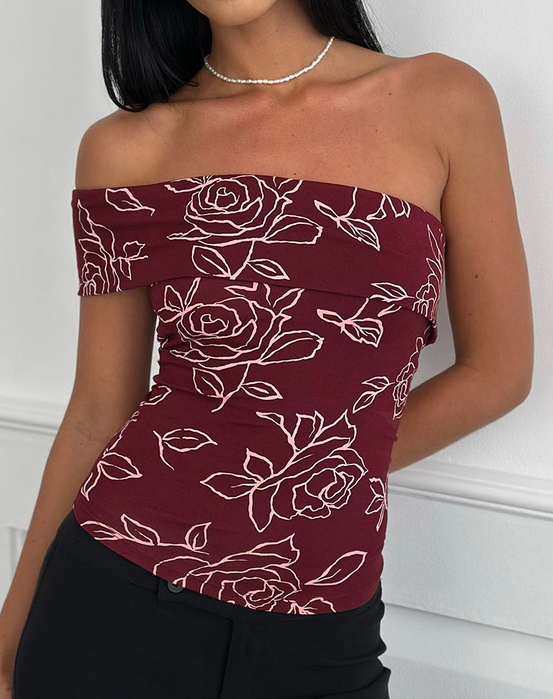 Marga top met één schouder in Outline Rose Maroon