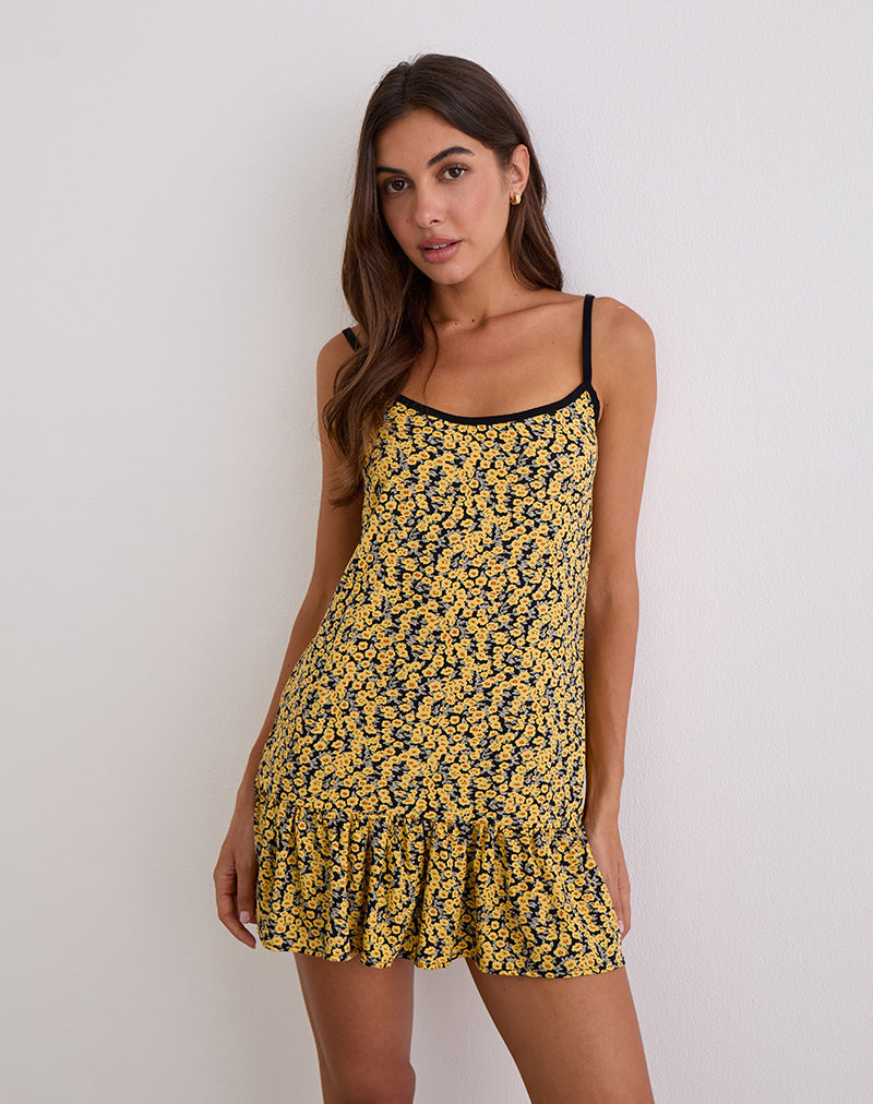 Marige Ronde Hals Mini Jurk in Mini Bloom Geel