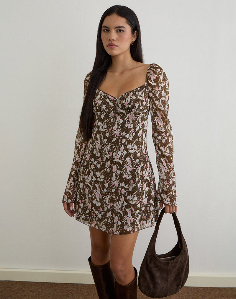Mariko jurk in bruin en roze chiffon met polkabloemen