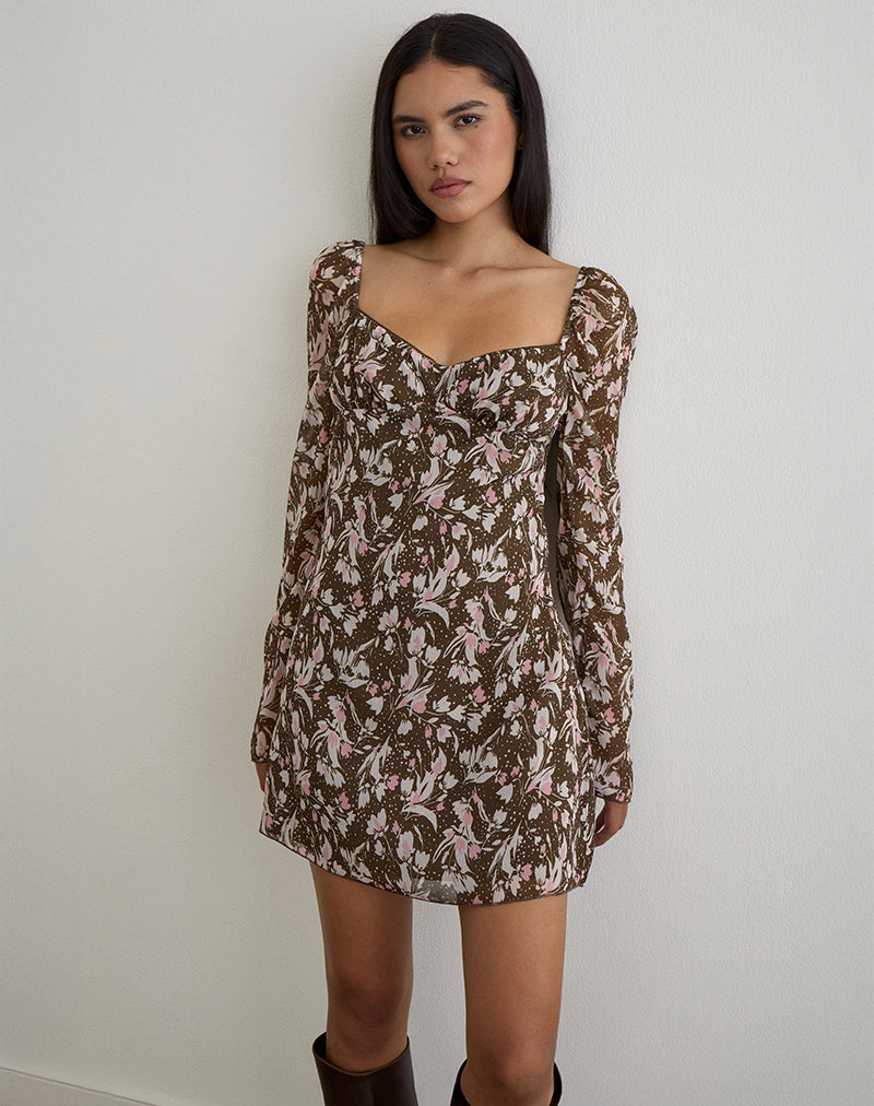 Afbeelding van Mariko Jurk in Bruin en Roze Polka Bloem Chiffon