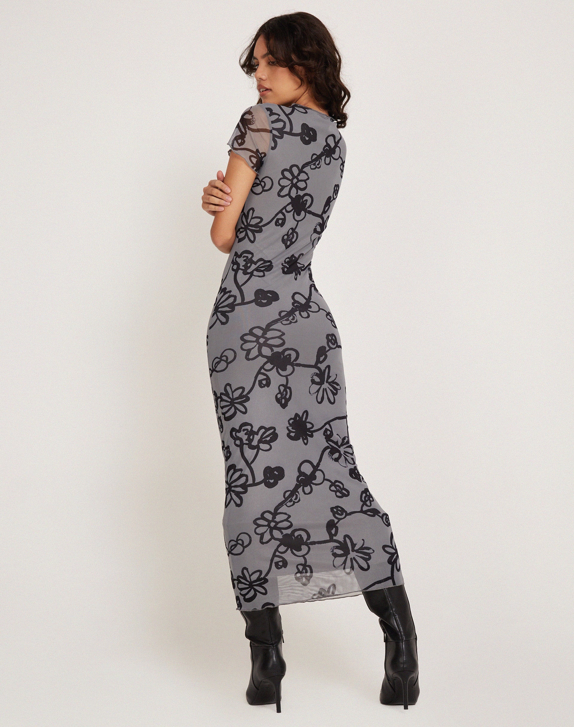 Afbeelding van Maruza Midi Dress in Mesh Doodle Flower Grijs