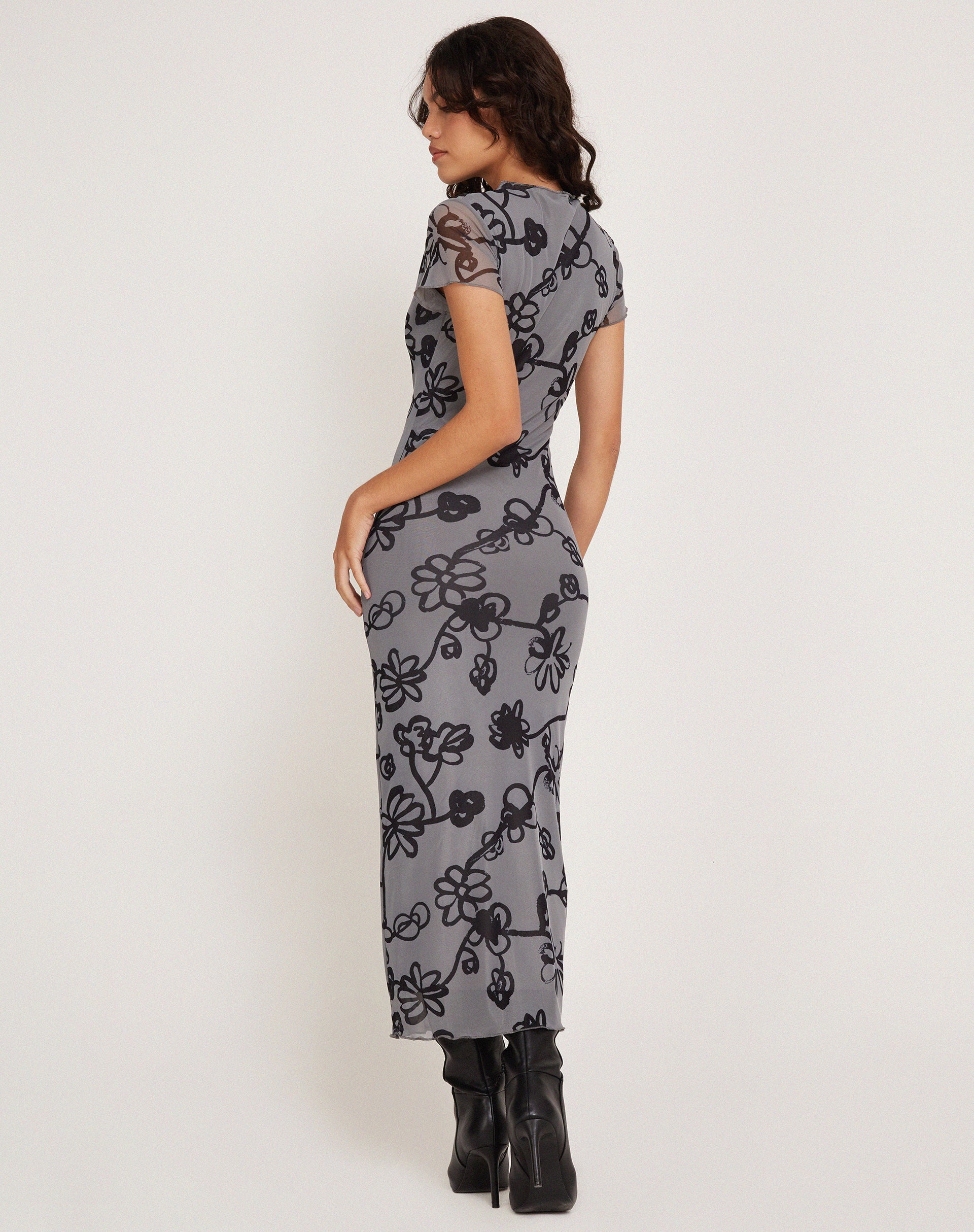 Afbeelding van Maruza Midi Dress in Mesh Doodle Flower Grijs