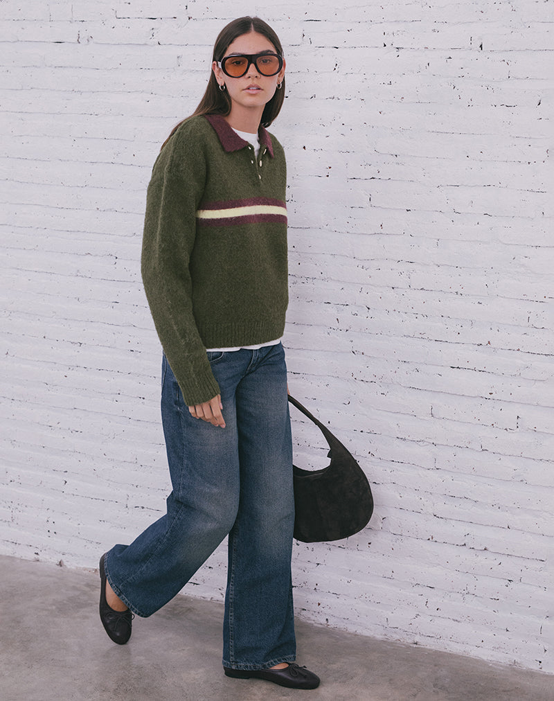 Afbeelding van Marvina-trui in gebreid groen met gele streep