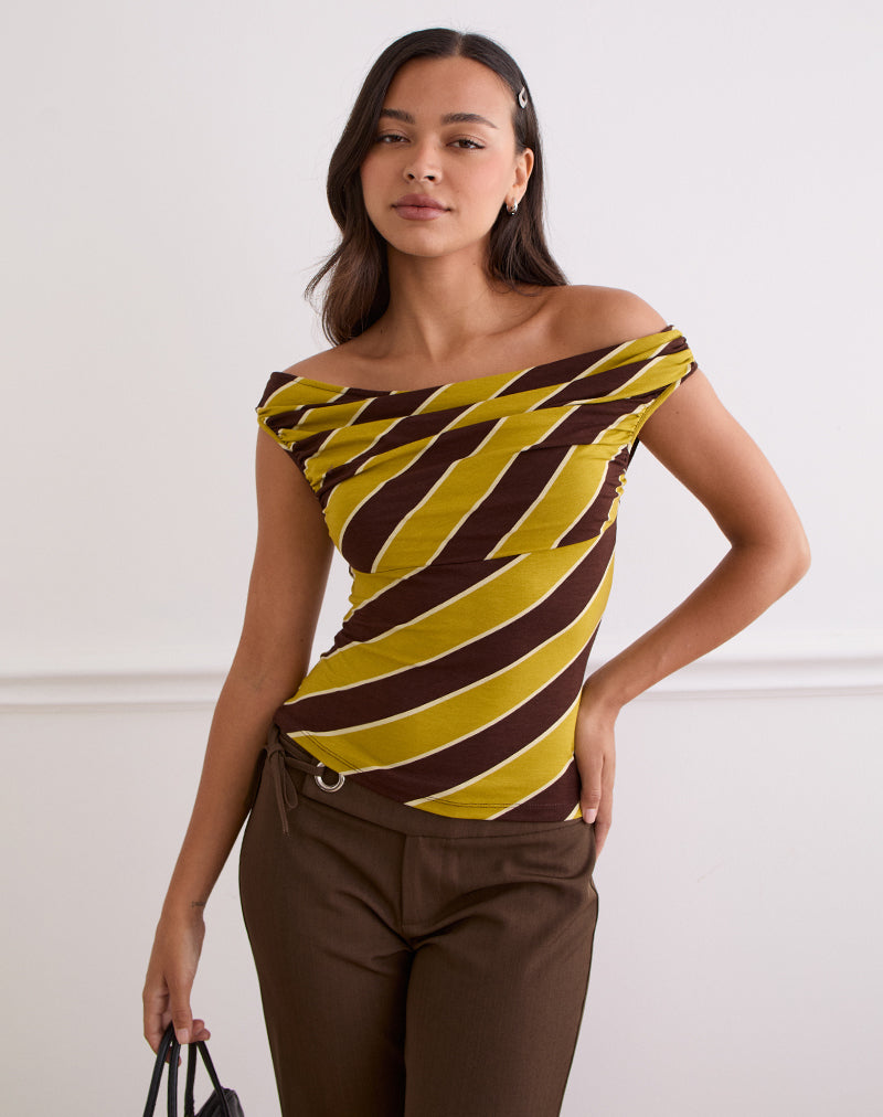 Afbeelding van Maurisia Off Shoulder Top in Retro Stripe Geel