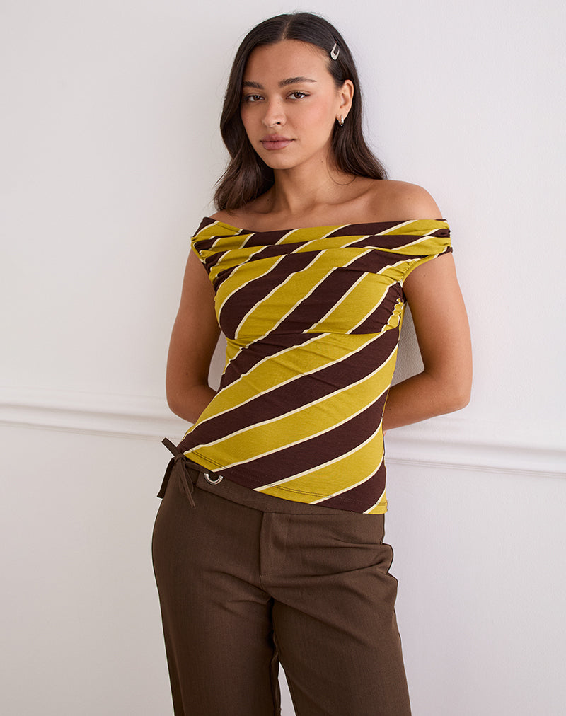 Maurisia Off Shoulder Top in Retro Stripe Geel