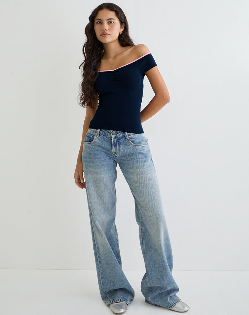 Mayomi Off the Shoulder Top in Navy met Roze Binding