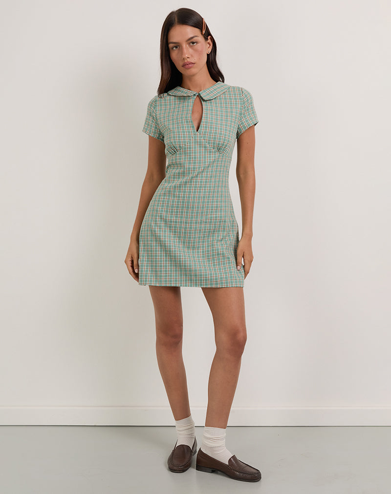 Medora Mini Jurk met Sleutelgat in Teal Check