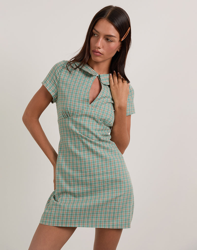Medora Mini Jurk met Sleutelgat in Teal Check