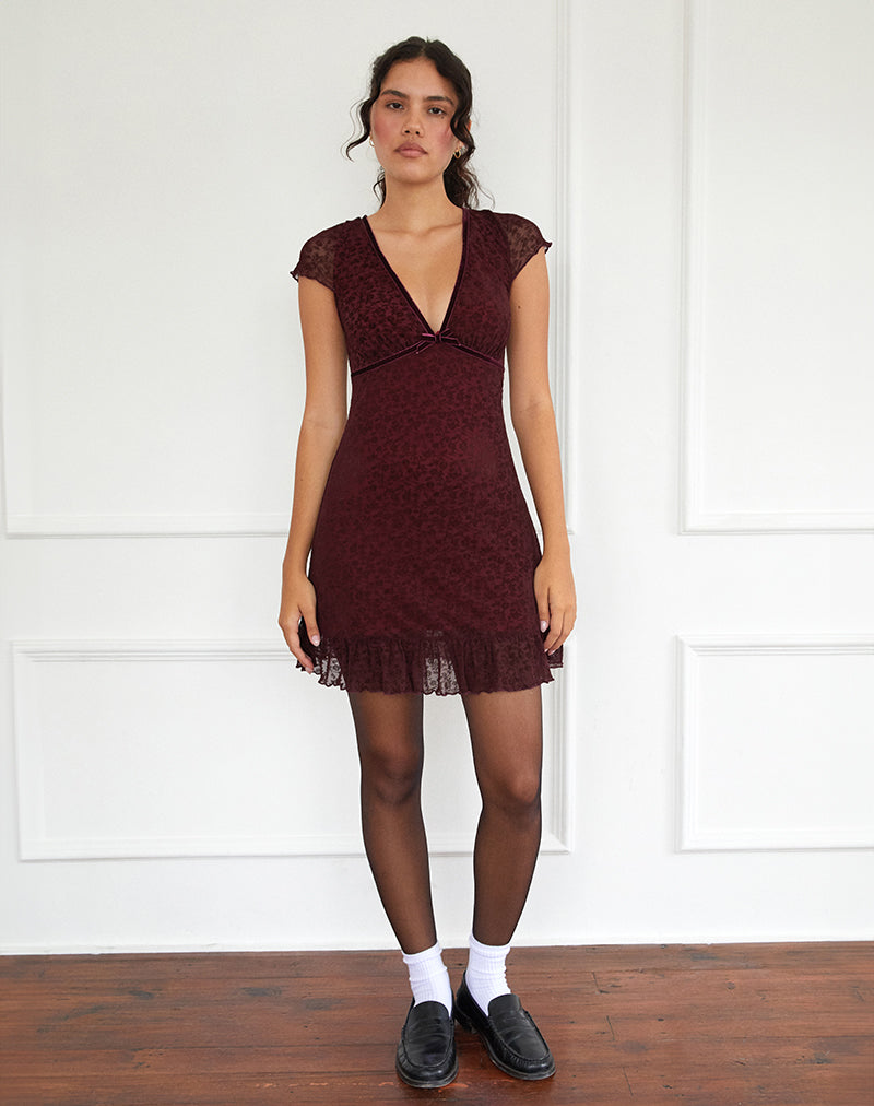 Afbeelding van Melva Mini Jurk in Ditsy Flock Burnt Maroon