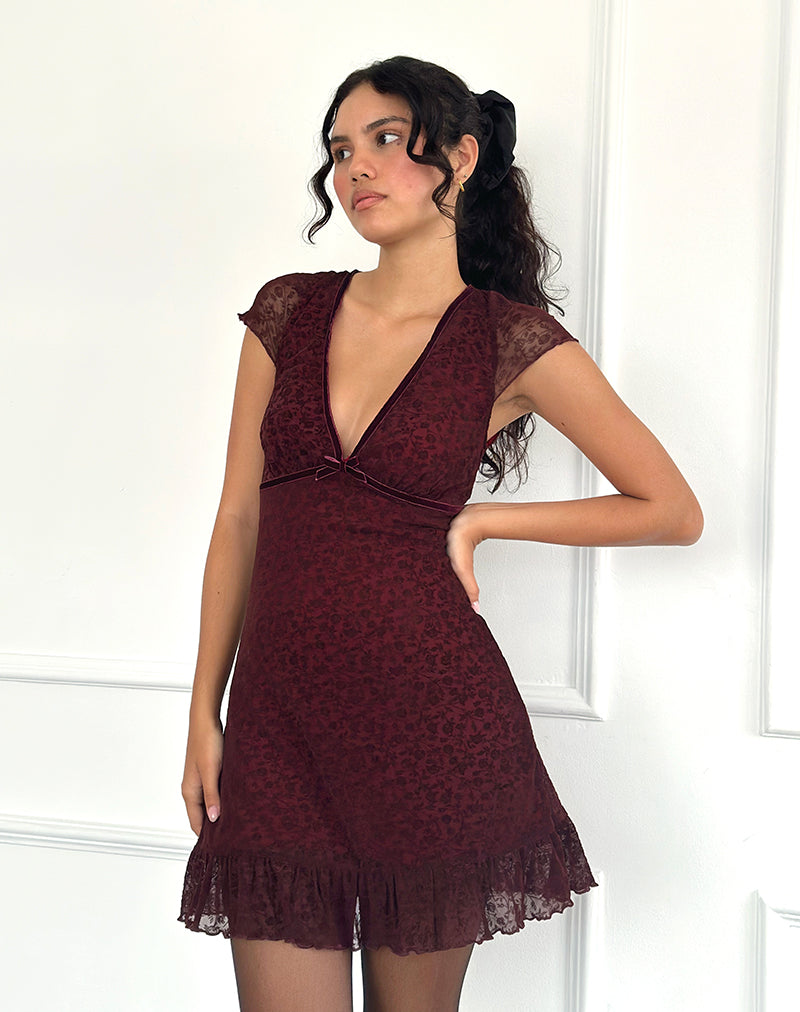 Afbeelding van Melva Mini Jurk in Ditsy Flock Burnt Maroon