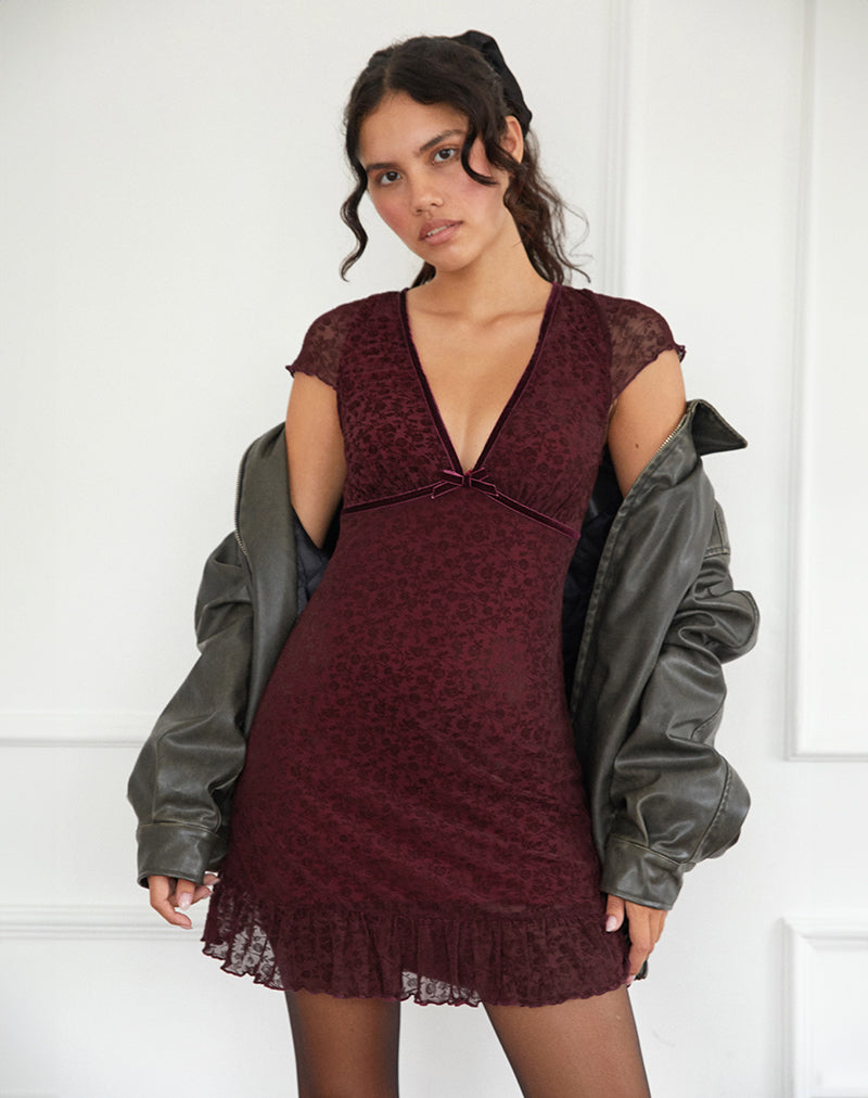 Melva Mini Jurk in Ditsy Flock Burnt Maroon