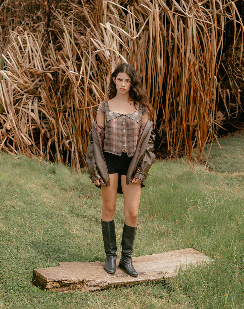 Meraki blouse in bruin en roze wazig ruitjesmotief