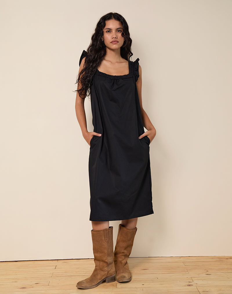 Merrily Smock Midi Dress in Popeline Zwart