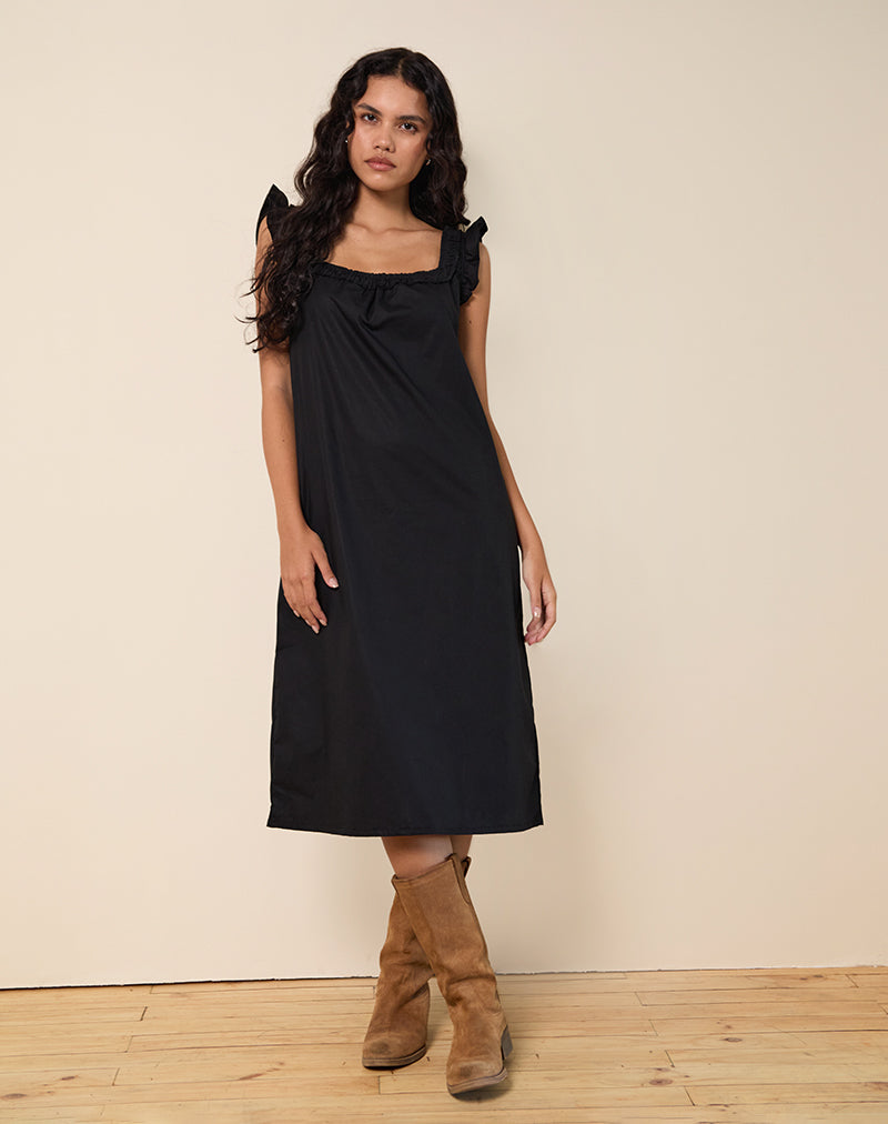 Afbeelding van Merrily Smock Midi Dress in Popeline Zwart