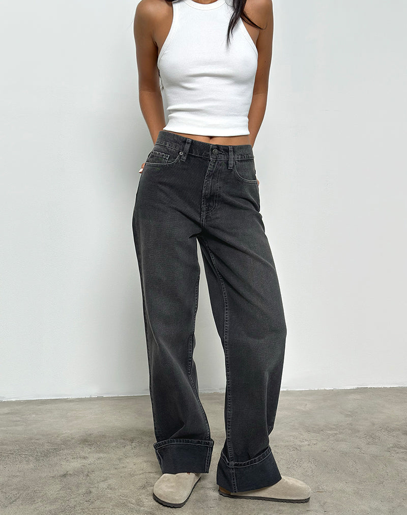 Afbeelding van Mid Rise Turn Up Straight Jeans in Washed Black Grey