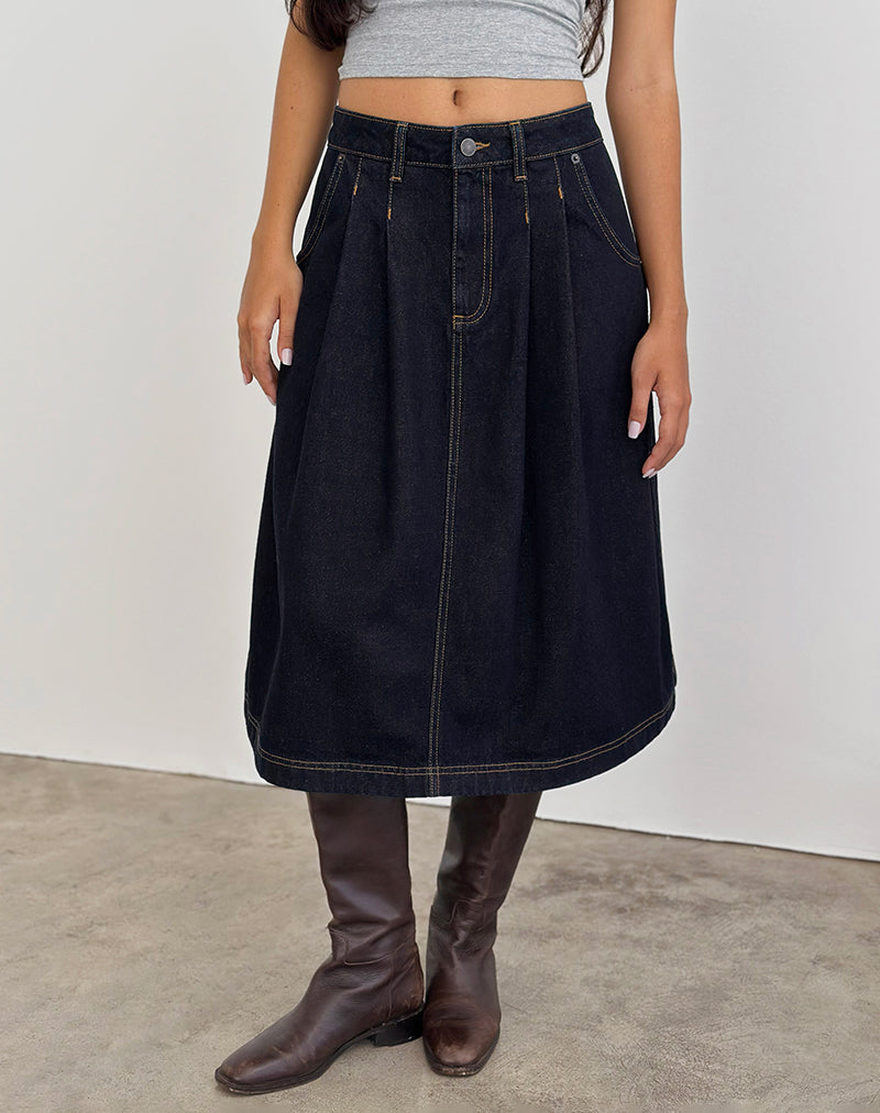 Afbeelding van Geplooide midi denim rok in Indigo
