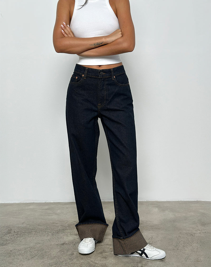 Afbeelding van Mid Rise Turn Up Straight Jeans in Indigo
