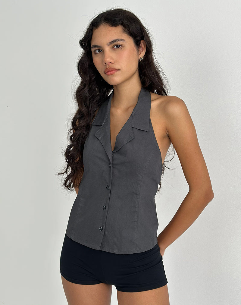 Afbeelding van Mikanu Button Down Halterneck Blouse in Charcoal Grey