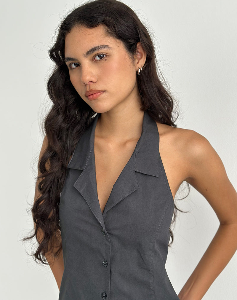 Afbeelding van Mikanu Button Down Halterneck Blouse in Charcoal Grey