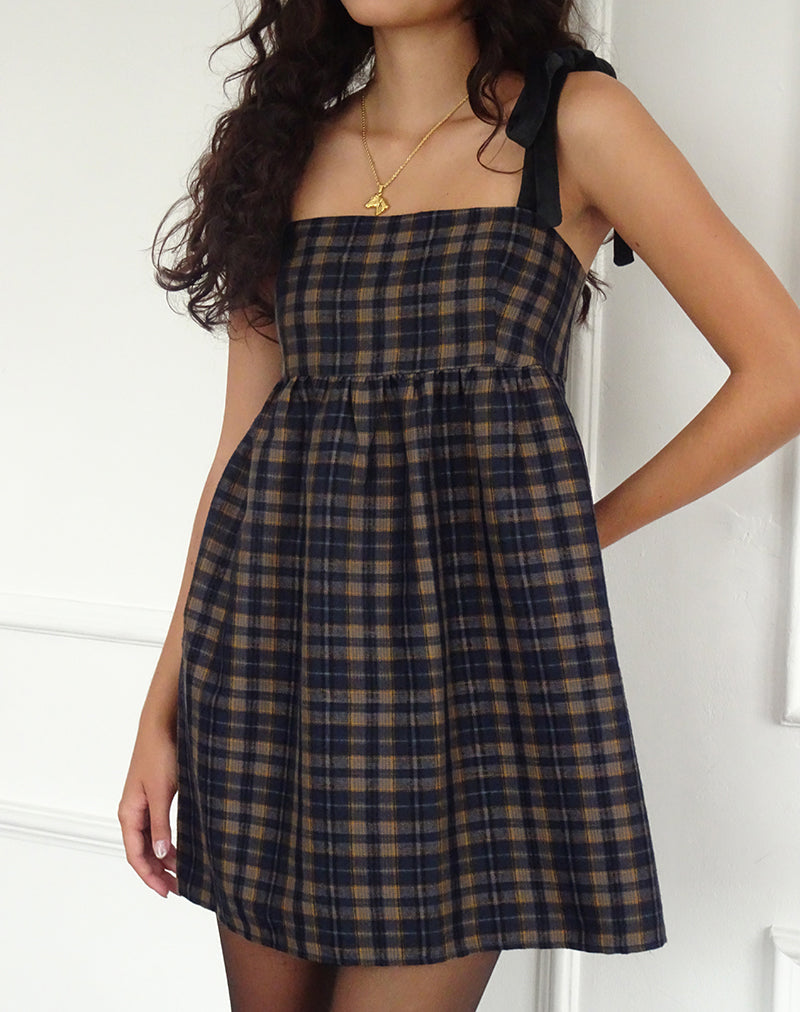 Afbeelding van Mikayla Vierkante Hals Mini Jurk in Navy en Mosterd Ruit