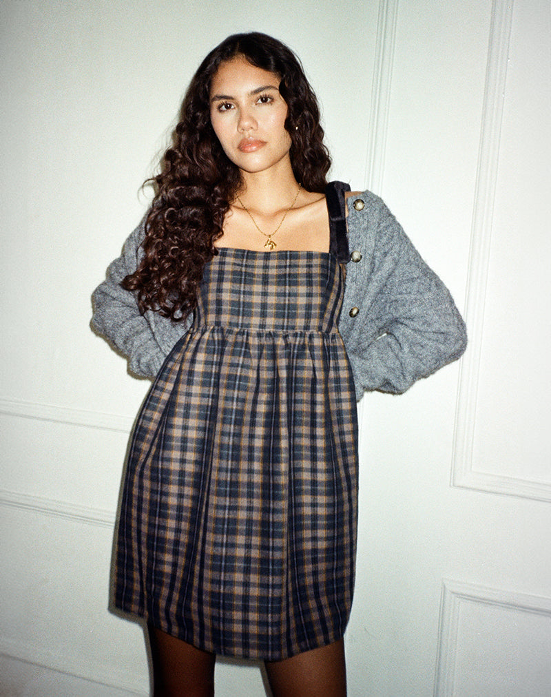 Afbeelding van Mikayla Vierkante Hals Mini Jurk in Navy en Mosterd Ruit