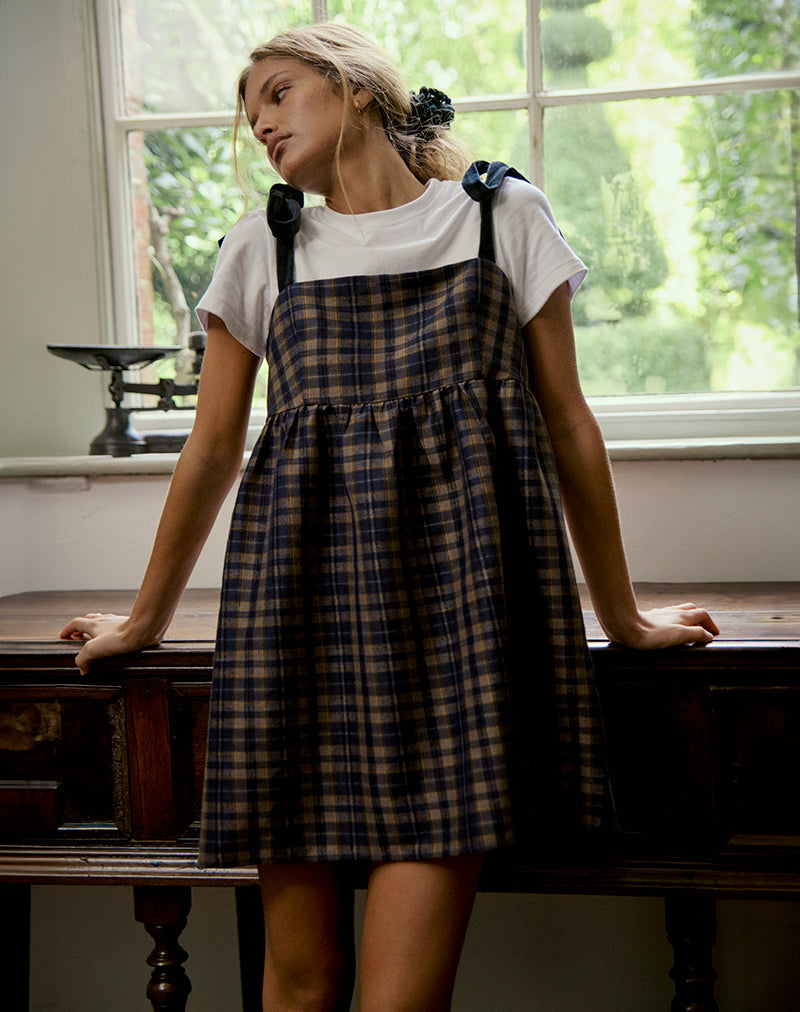 Mikayla Vierkante Hals Mini Jurk in Navy en Mosterd Ruit