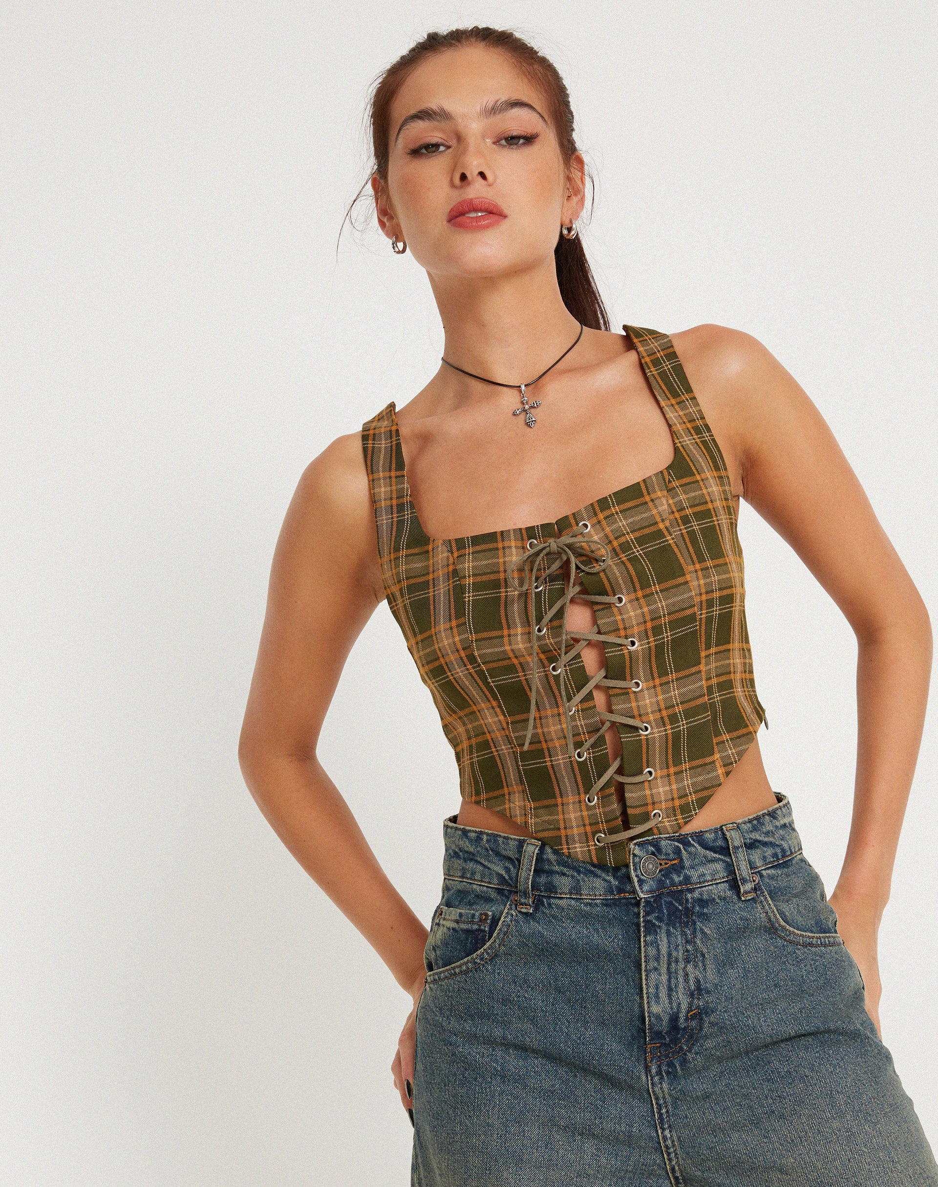 Afbeelding van Milton Corset Top in Schotse ruit Groenbruin