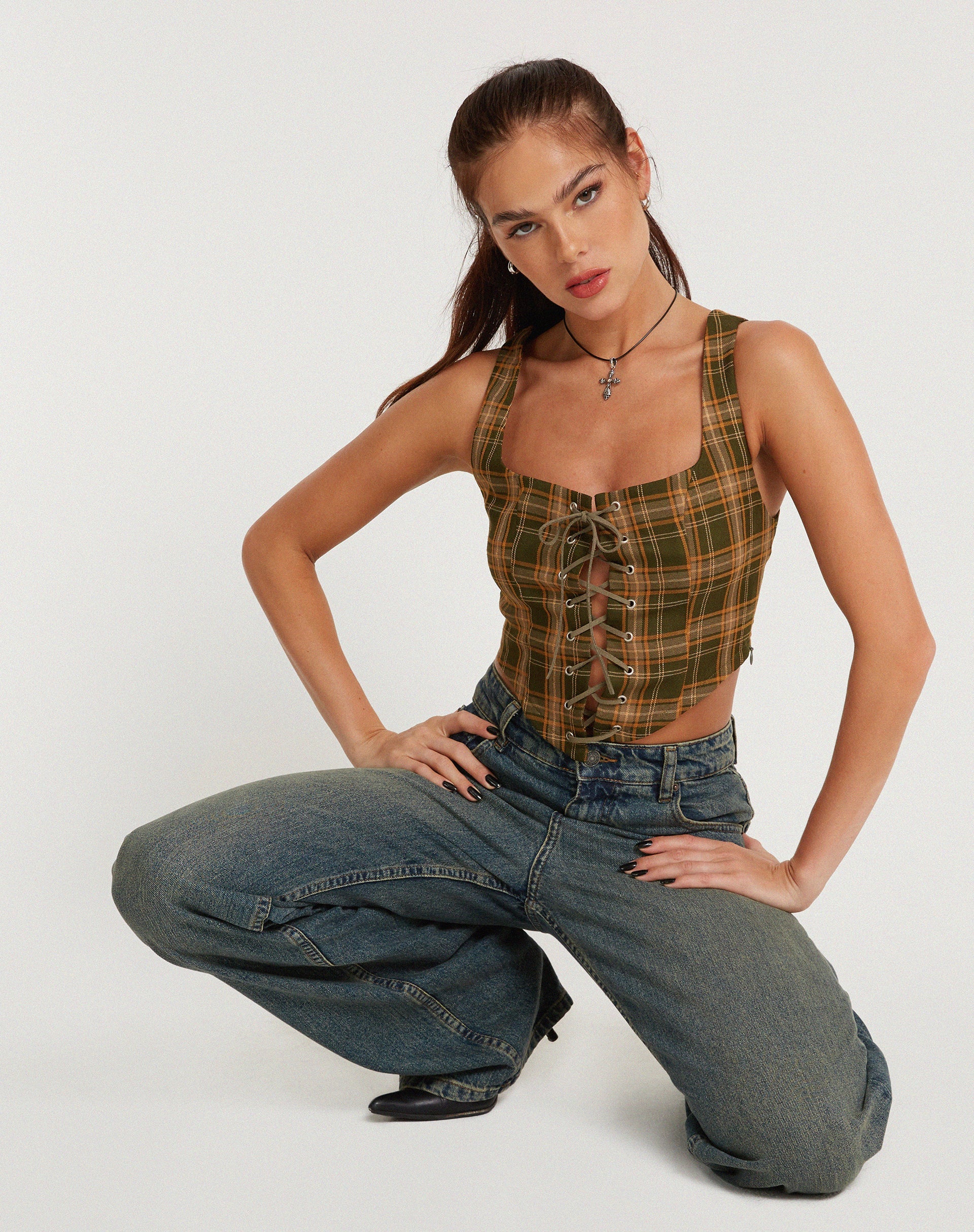 Afbeelding van Milton Corset Top in Schotse ruit Groenbruin