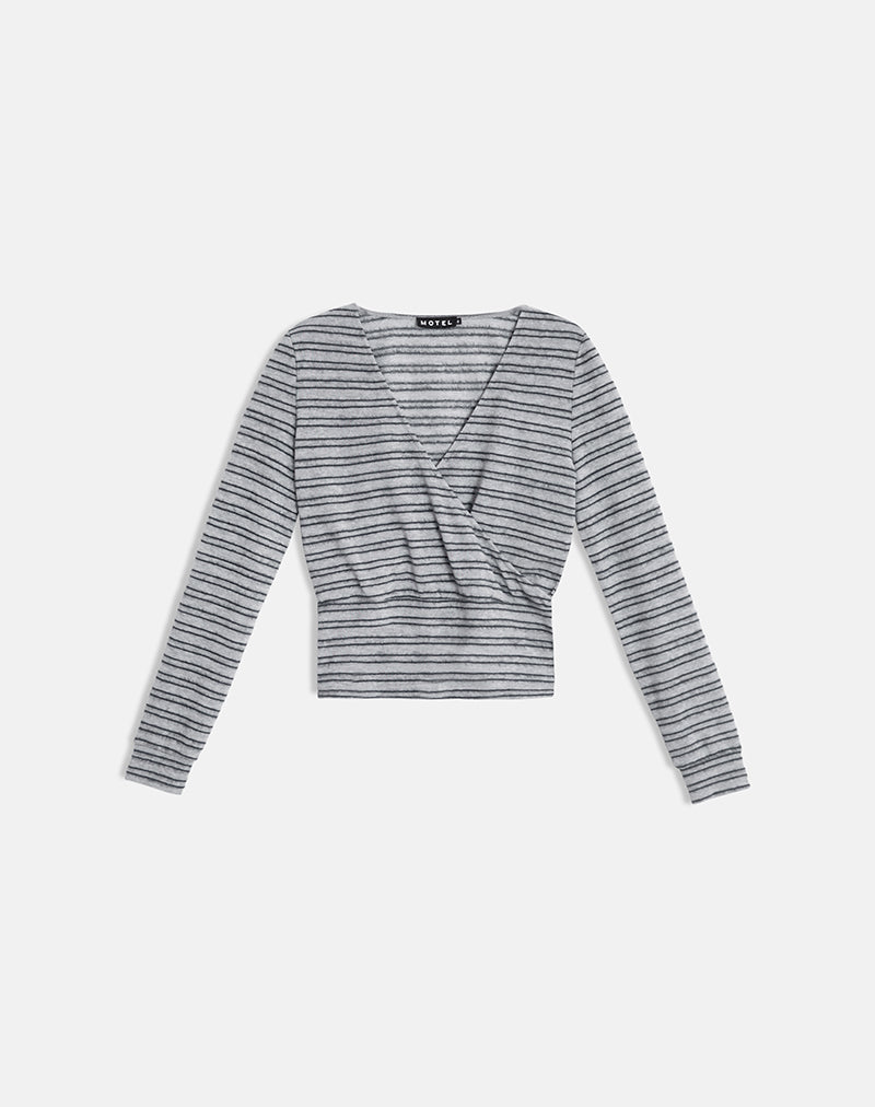 Afbeelding van Milzie Wrap Top in horizontaal gestreepte gebreide stof, grijs en zwart