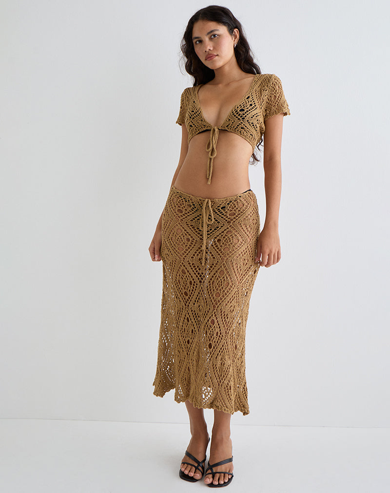 Afbeelding van Mirea Grown On Sleeve Shurg Top in Crochet Camel