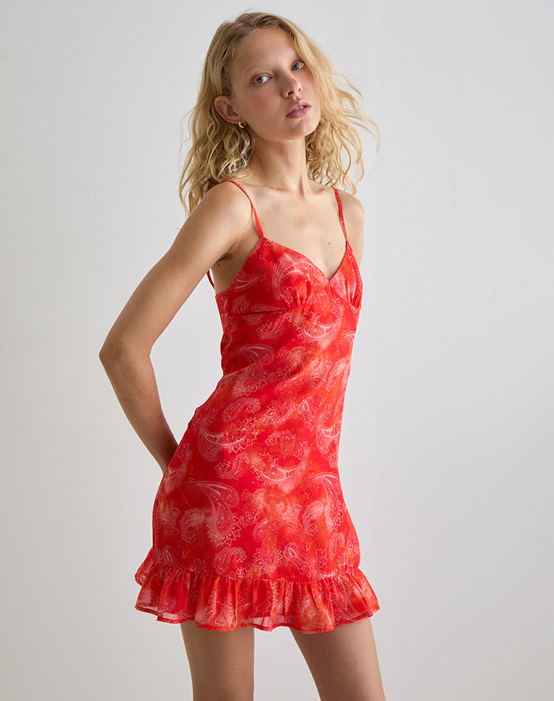 Afbeelding van Mireya Mini Jurk in Paisley Chiffon Rood