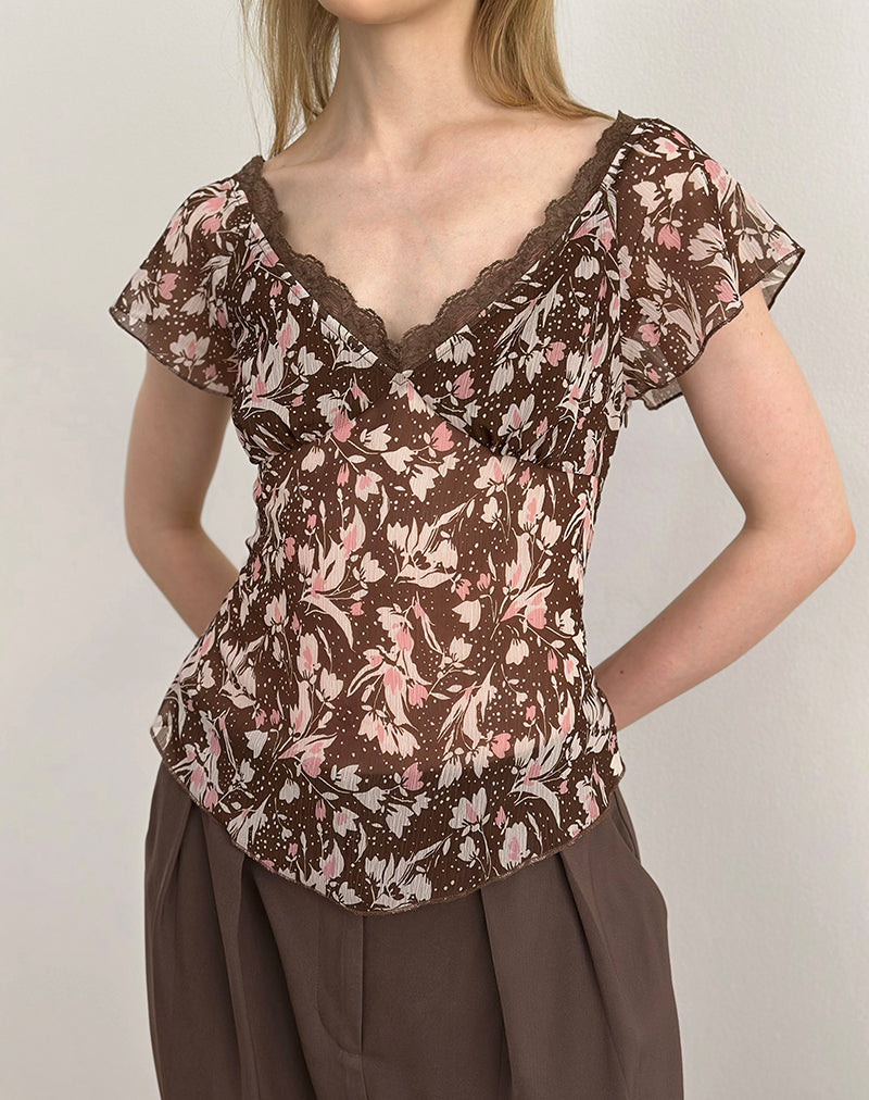 Afbeelding van Misaki Top in Chiffon Polka Bloem Bruin