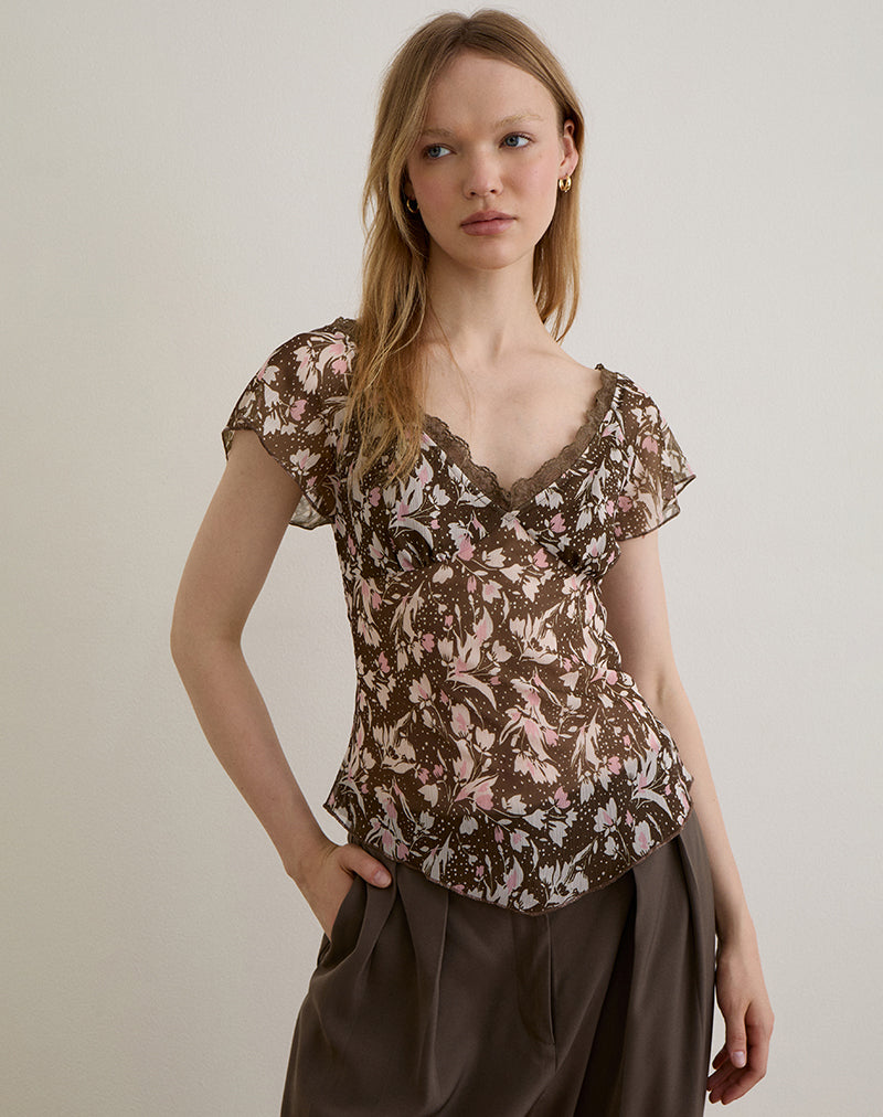 Afbeelding van Misaki Top in Chiffon Polka Bloem Bruin