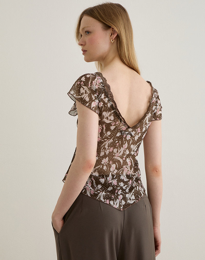 Afbeelding van Misaki Top in Chiffon Polka Bloem Bruin