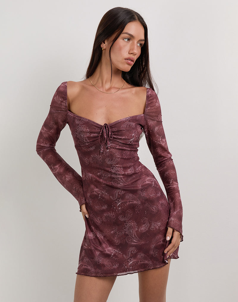 Afbeelding van Modena Mini jurk met lange mouwen in ton-sur-ton Paisley Plum
