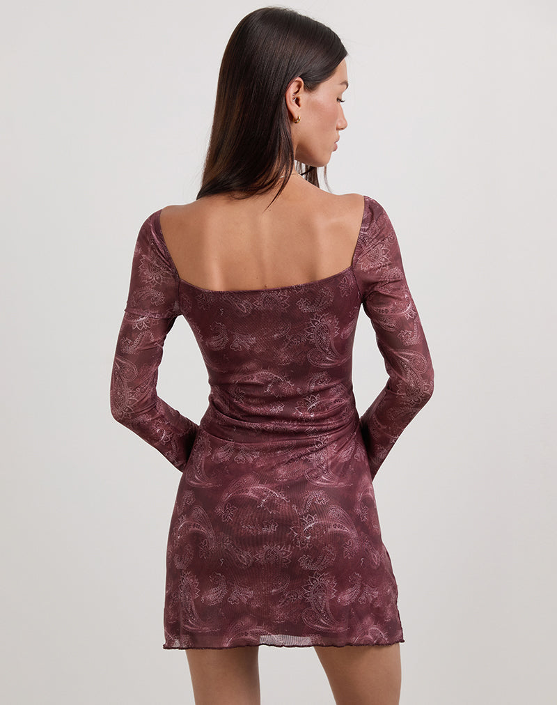 Afbeelding van Modena Mini jurk met lange mouwen in ton-sur-ton Paisley Plum