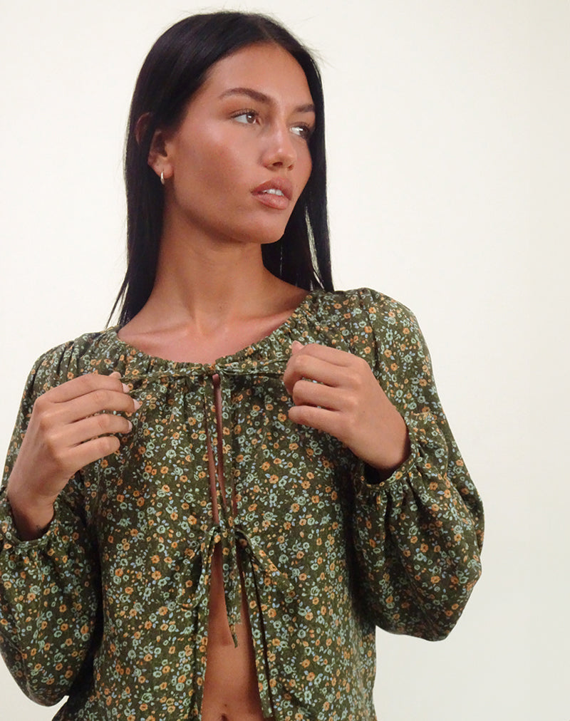 Afbeelding van Modeta Stropdas Top in Grunge Bloemen Khaki