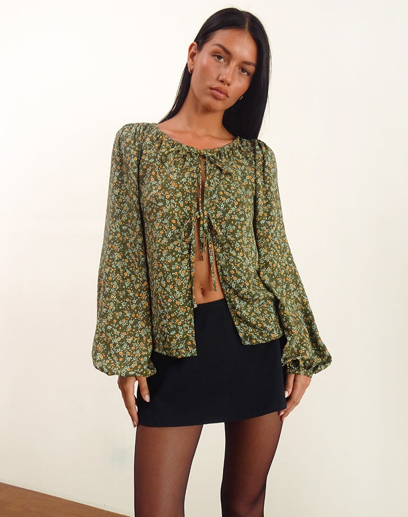 Modeta Stropdas Top in Grunge Floral Khaki
