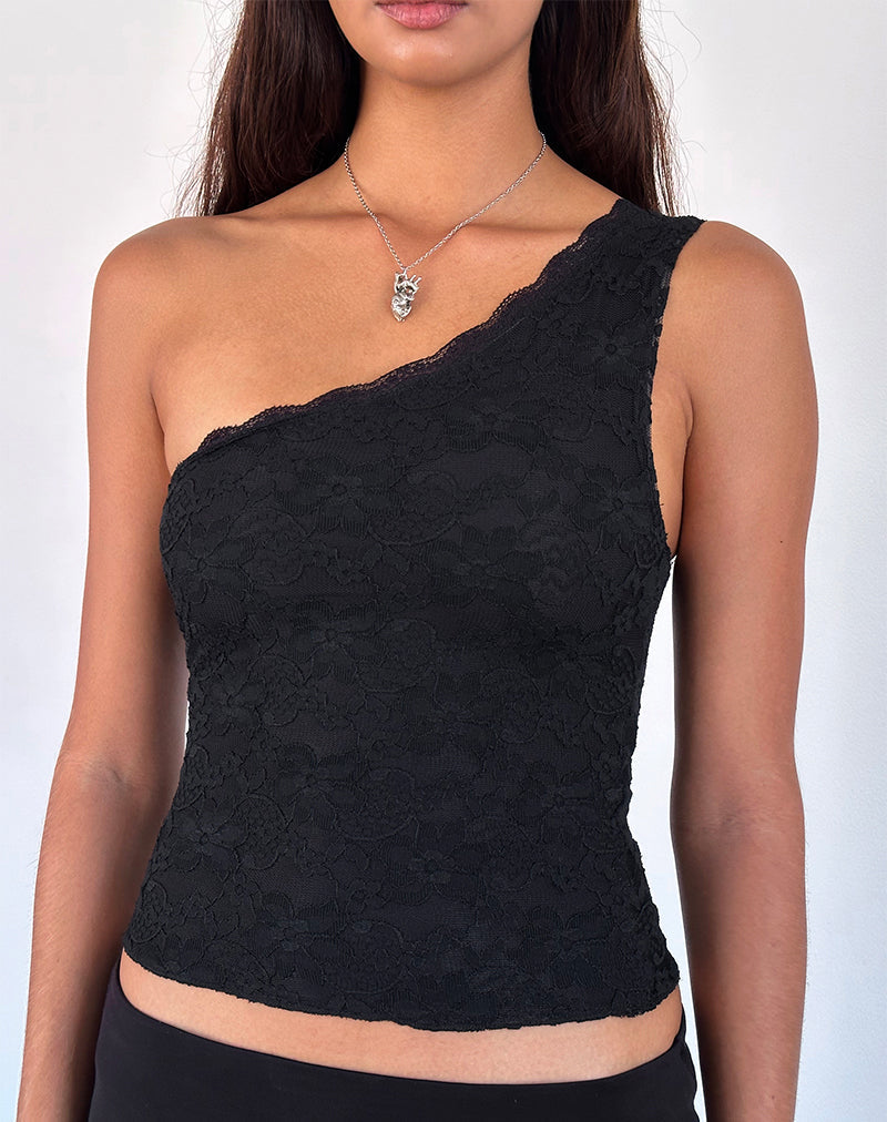 Moira One Shoulder Kanten Top in Zwart