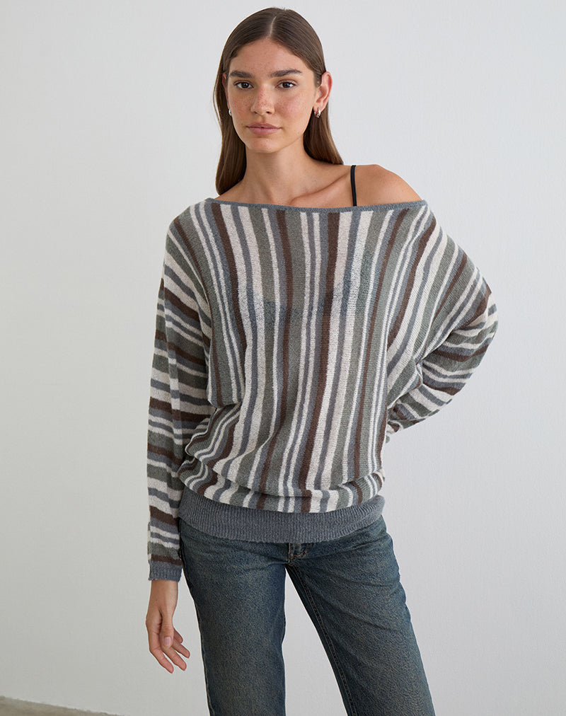 Afbeelding van Monara Off Shoulder Knit Top in Big Stripe Grey