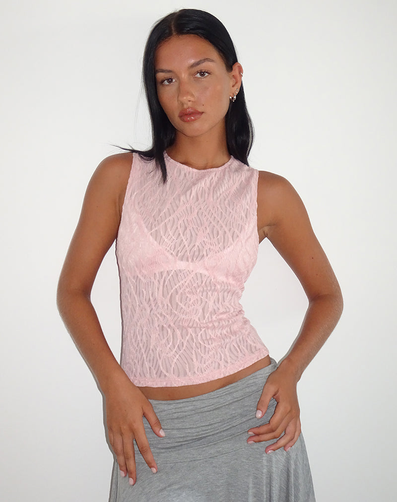 Afbeelding van Monelo Textured Mesh Top in Sheer Pink