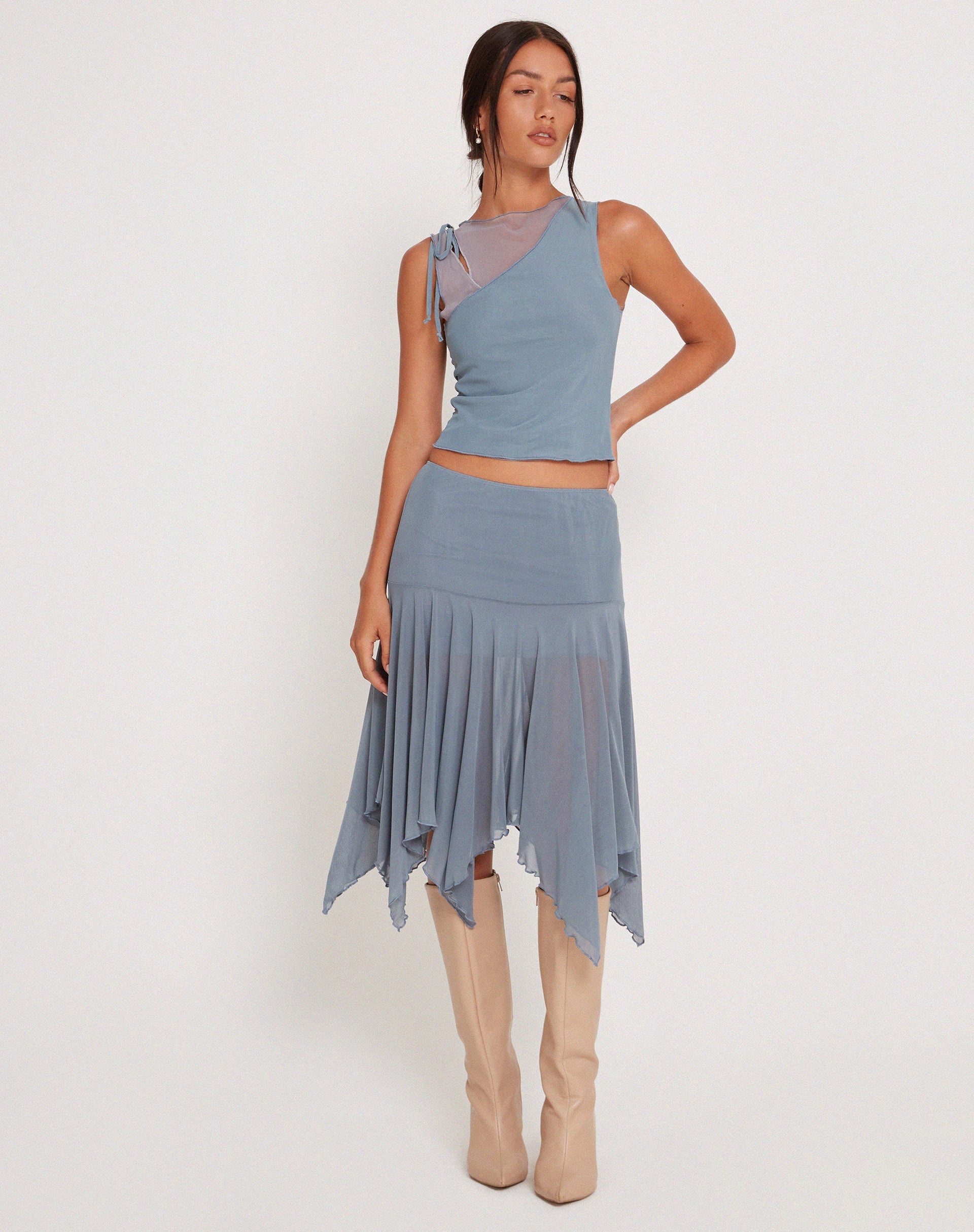Afbeelding van Jovali Lage Taille Midi Rok in Blauw Grijs Mesh