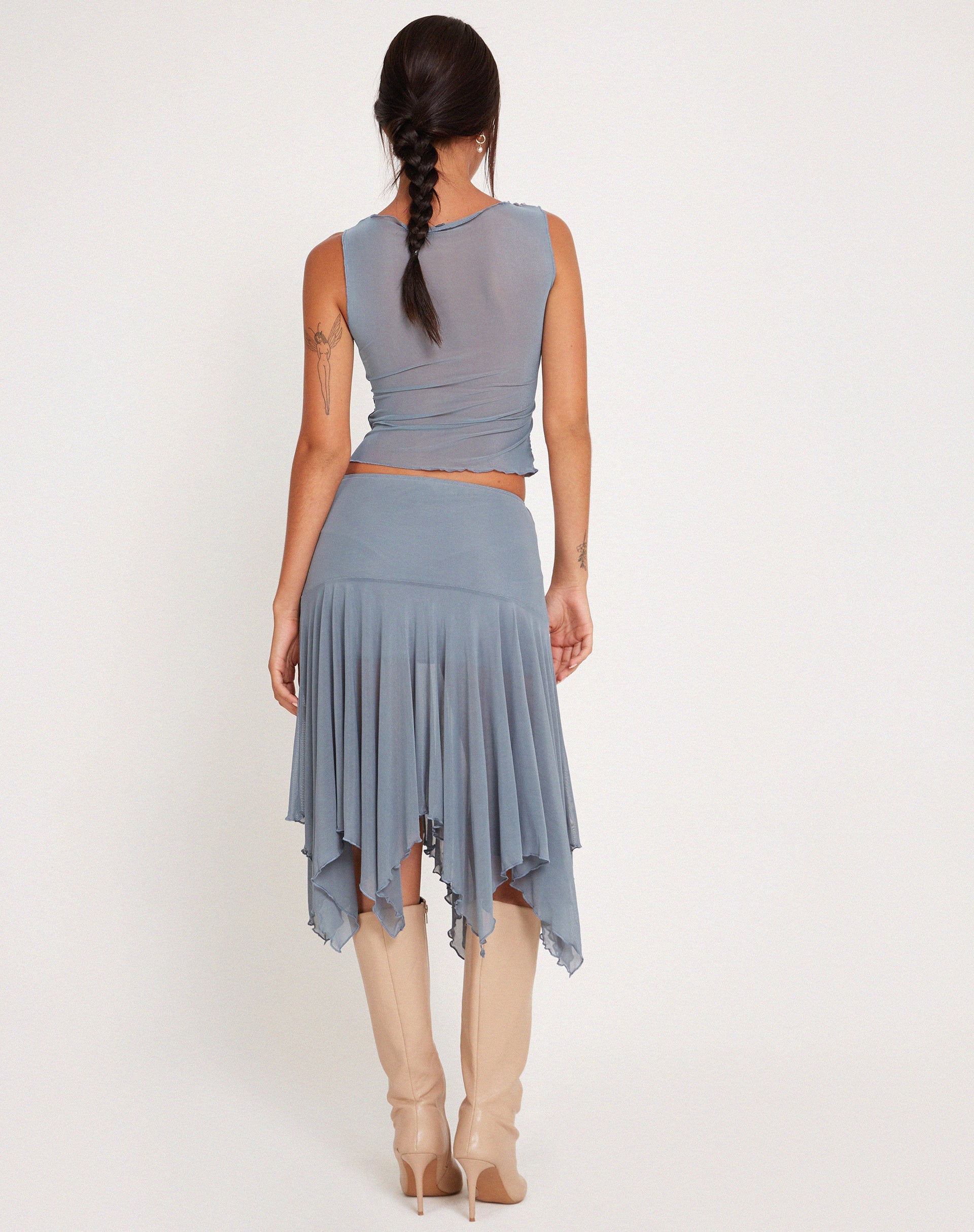 Afbeelding van Jovali Lage Taille Midi Rok in Blauw Grijs Mesh