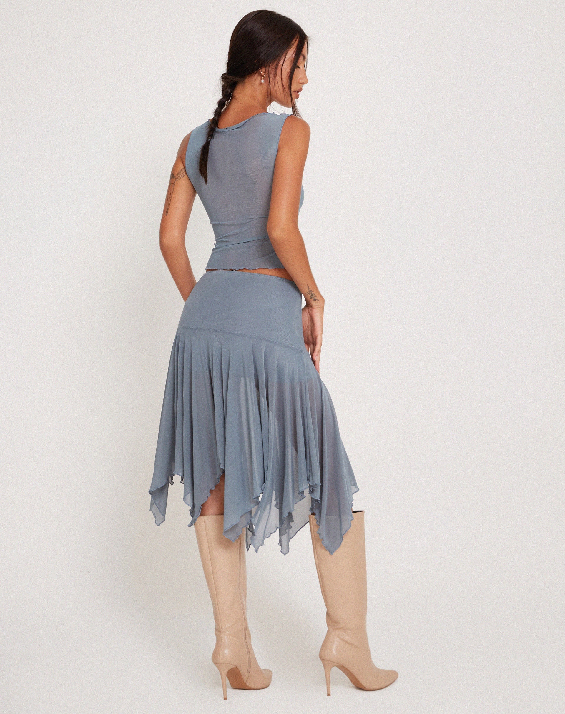 Afbeelding van Jovali Lage Taille Midi Rok in Blauw Grijs Mesh